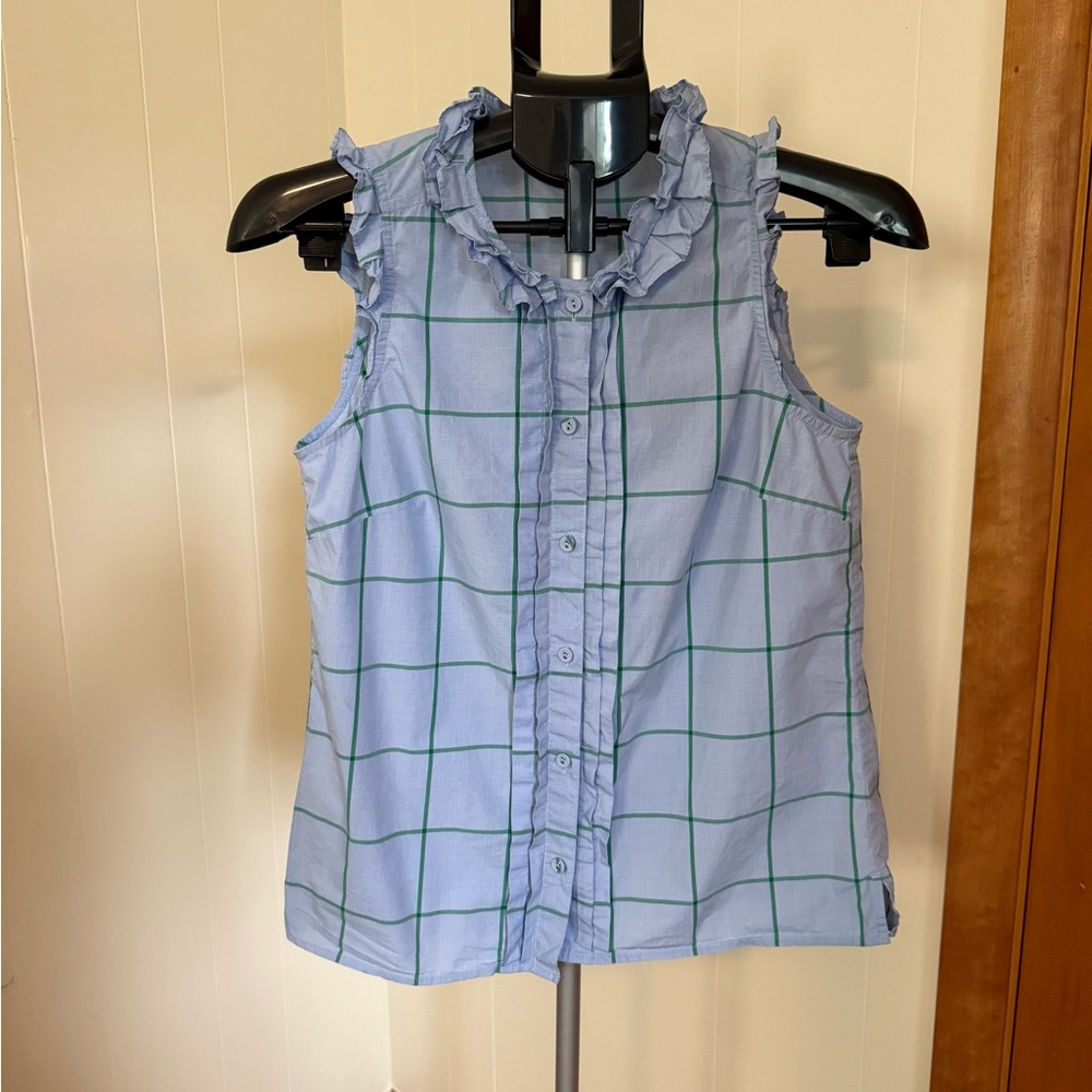 Jcrew sleeveless button down top, size 0, blue and green windowpane check